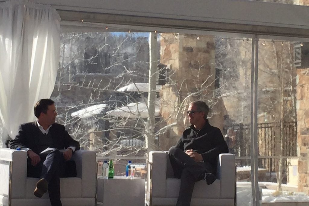 Facebook chief marketing officer Gary Briggs (right) said the company will invest more heavily in travel advertising. Wells Fargo managing director Peter Stabler, left, interviewed him at a Wells Fargo tech conference in Park City, Utah on Tuesday.