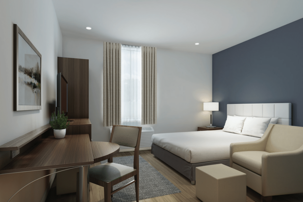 A room prototype for WoodSpring Suites. Choice Hotels closed its $231 million purchase of WoodSpring Suites in February. 
