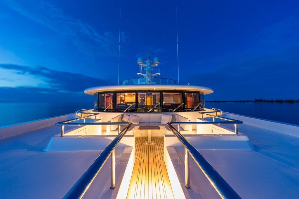 The foredeck of Elysian, a 60-meter  Abeking and Rasmussen yacht. Denison Yacht Sales now accepts bitcoin.