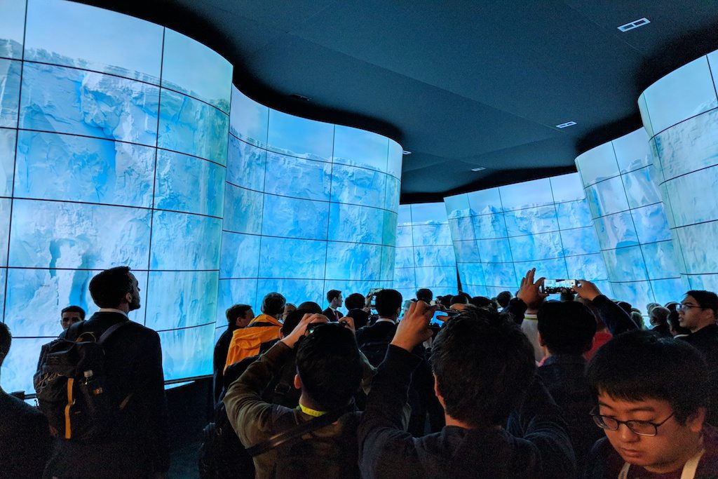 Attendees at the Samsung booth at CES 2018 on January 9 check out new display technology.