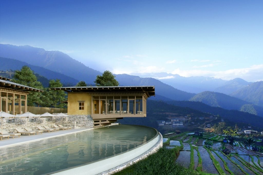 Punakha Lodge. One of the five individual satellite resorts at Six Senses Bhutan. 