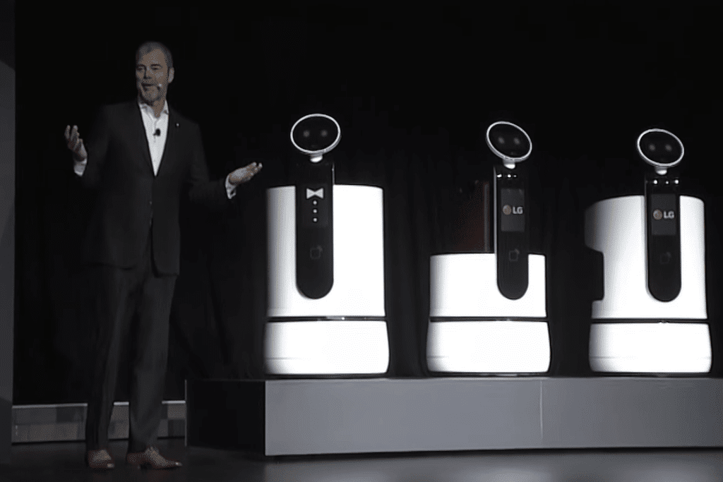 A screengrab from LG's press conference at CES 2018 in which the company touted robots that might be useful in hospitality. Pictured is David VanderWaal, LG's head of marketing in the U.S.