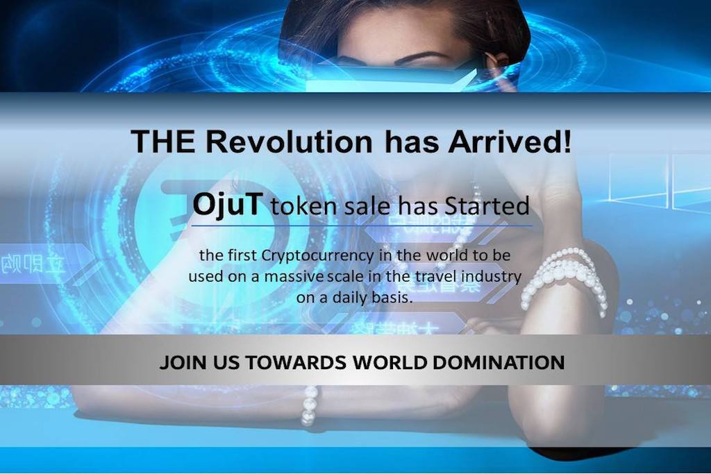 A promotional image for OjutCoin, one of the many cryptocurrencies out there in the travel space.