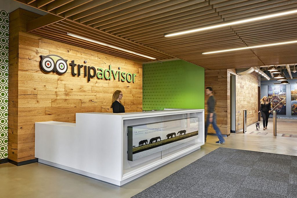 Pictured is the entrance to TripAdvisor headquarters in Needham, Massachusetts. TripAdvisor is having success building its Experiences and Restaurants business.