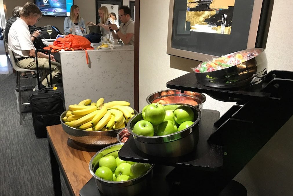 European and U.S. airlines have made some significant cuts to product but they continue to invest in lounges. Pictured is the fruit buffet at a United Airlines club.