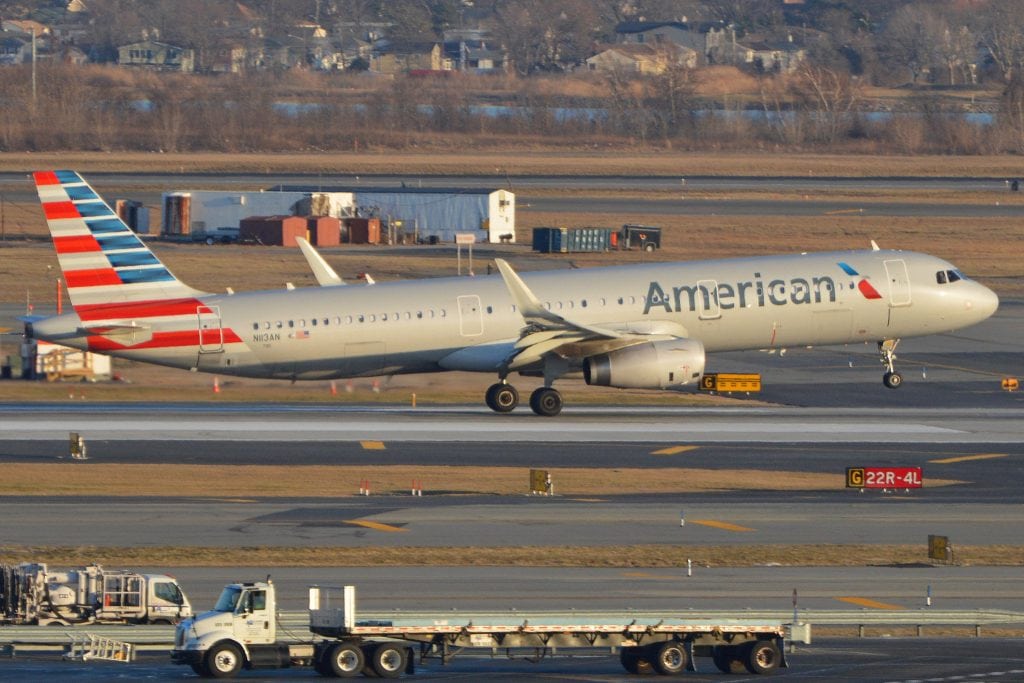 An American Airlines Airbus A321 departs New York JFK for Boston in 2016. American is content with its strategy in New York, an executive said.