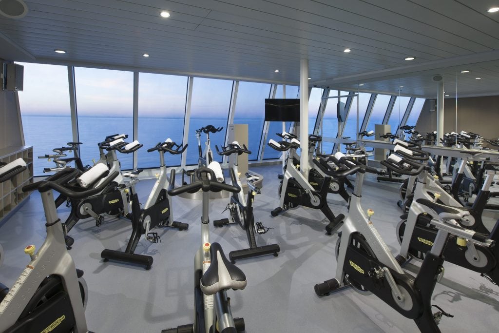 Fitness will be a key part of the Blue World Voyages offering, but the cruise line will be competing with larger rivals that also have exercise options. Pictured is the spinning room on Royal Caribbean International's Anthem of the Seas.