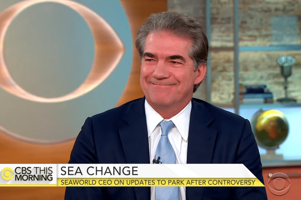 Joel Manby resigned as SeaWorld CEO this week, the company announced Tuesday. He is pictured in an appearance on CBS.