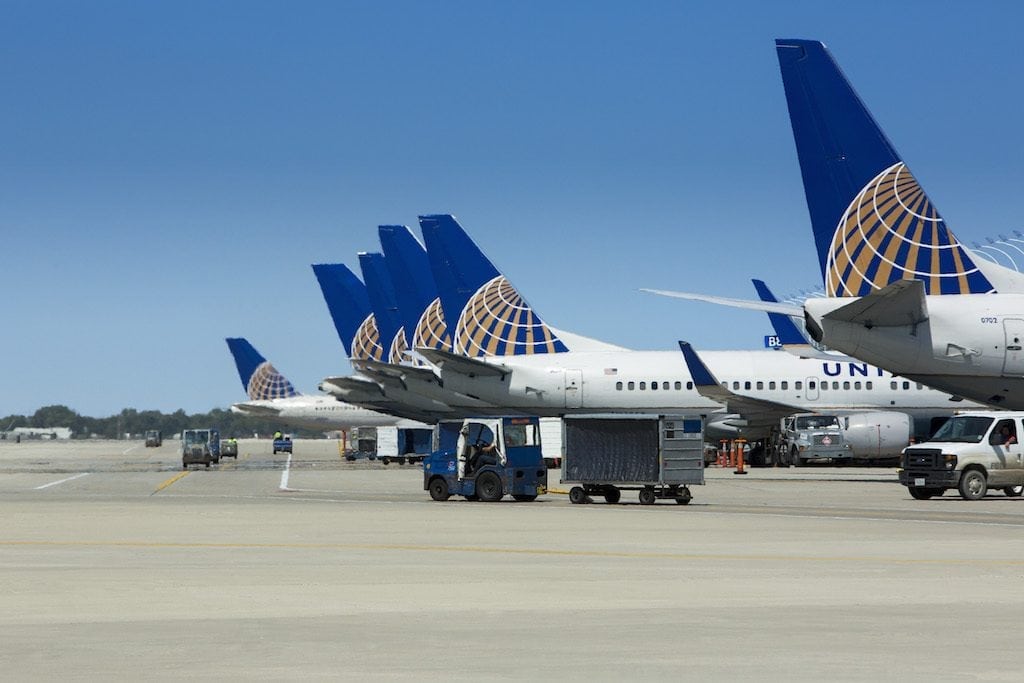 United Airlines jets lined up in Chicago. The airline is taking an aggressive stance with Chase and Expedia. 