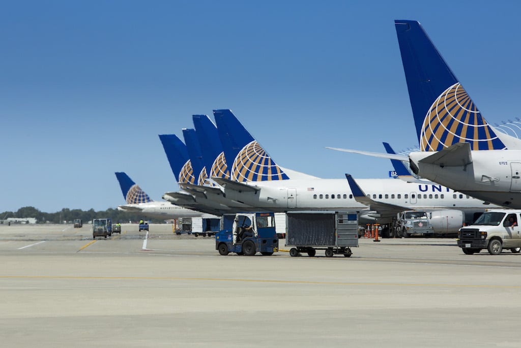 United Airlines tails lined up in Chicago. The airline had a profitable third quarter. 