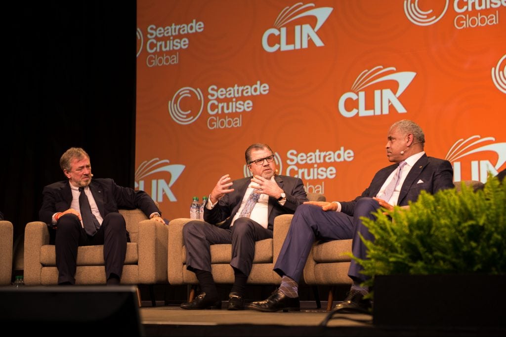Cruise executives discussed the state of the industry, including overtourism concerns, at the Seatrade Cruise Global conference Tuesday. Pictured from left are Pierfrancesco Vago of MSC Cruises, Frank Del Rio of Norwegian Cruise Line Holdings, and Arnold Donald of Carnival Corp.