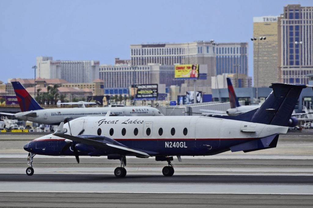 A Great Lakes Beechcraft Beech 1900D taxis in Las Vegas in 2011. The airline is selling most of its assets because it doesn't have enough pilots.