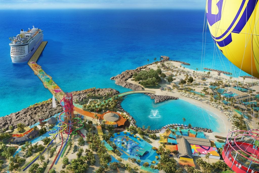 This rendering shows an elevated view of Perfect Day at CocoCay, the updated version of Royal Caribbean International's private island in the Bahamas. The island will include a helium balloon that will float 450 feet above the ground.