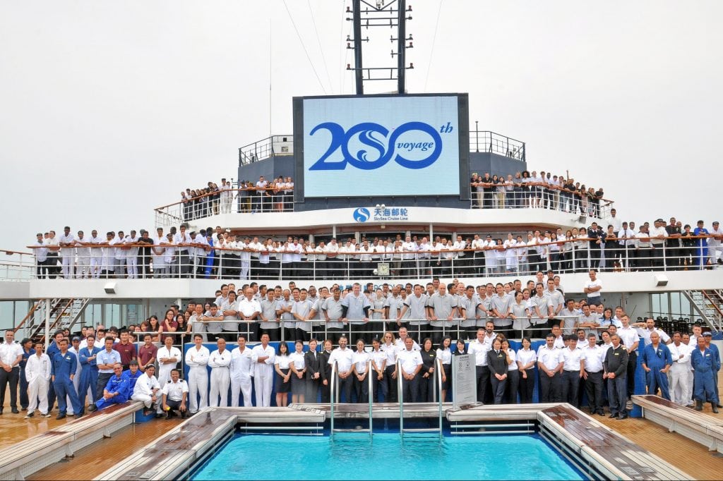 The more than 900 crew members on SkySea Golden Era are shown on the ship's 200th sailing as part of the cruise line. Royal Caribbean Cruises and Ctrip announced that SkySea, a joint venture, would stop operating by the end of the year.