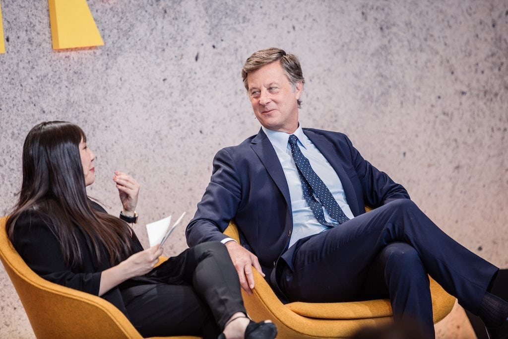 CEO of AccorHotels Group Sébastien Bazin, right, at Skift Forum Europe 2018. Bazin detailed his company's investments in a variety of businesses outside the traditional hotel hospitality space.