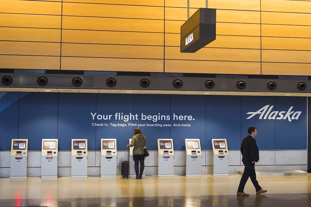 A promotional photo of Alaska Airlines check-in kiosks. Alaska Airlines will introduce basic economy fares later this year to better compete in the crowded North American aviation market.