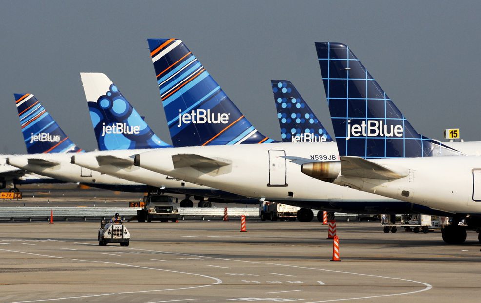 Tailfins of JetBlue’s A320 Airbus. 