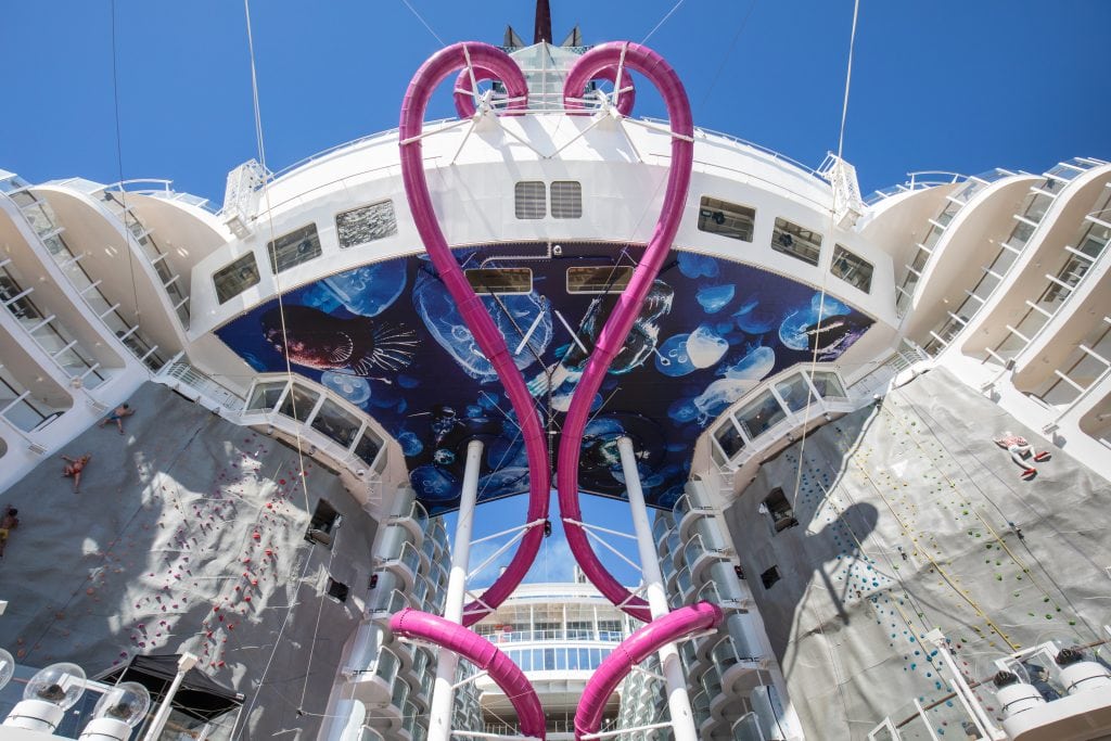 The Ultimate Abyss, a waterslide, and other activities are shown aboard Royal Caribbean International's new Symphony of the Seas. Royal Caribbean Cruises on Thursday reported financial results that beat expectations.