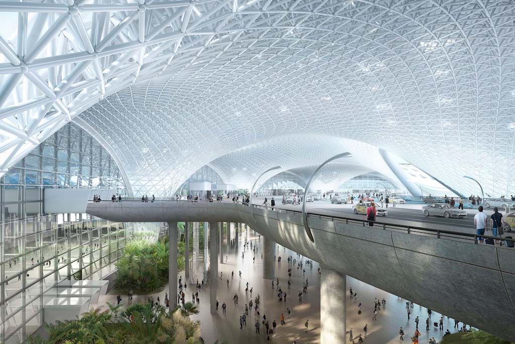 Mexico City's new international airport could hit a snag because of local politics. Pictured is a rendering of the airport. 
