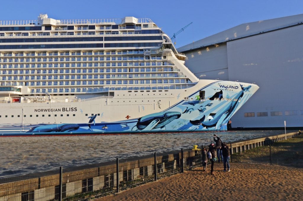 Norwegian Bliss, the newest ship in the Norwegian Cruise Line fleet, is shown in the shipyard in Germany. The company reported 