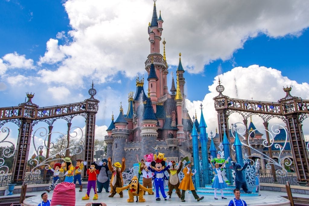 A 25th anniversary celebration is pictured at Disneyland Paris. Higher attendance and spending at that park and others helped drive significant revenue and operating income increases for Disney's parks and resorts division.