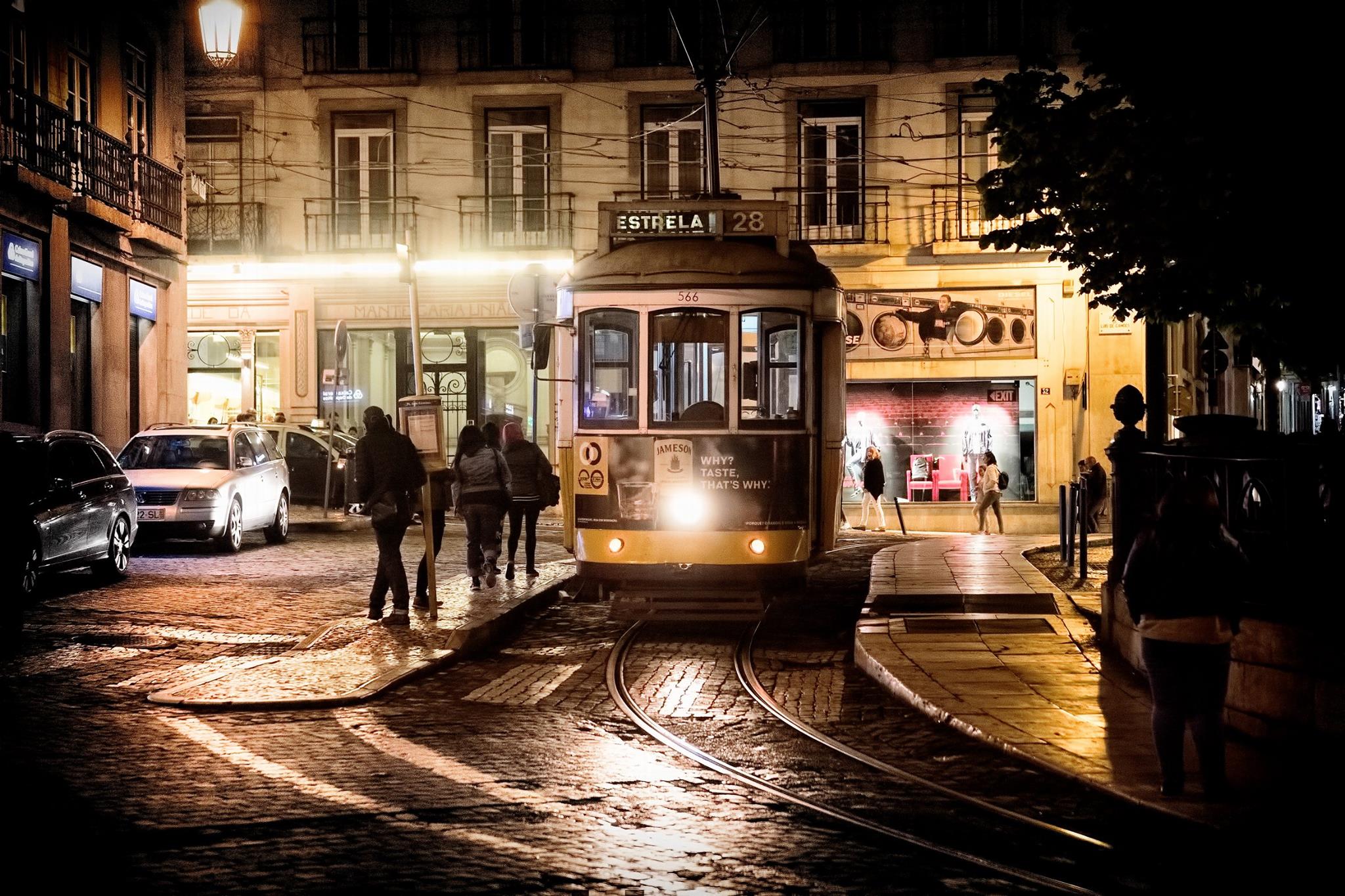 A rare occurrence: Lisbon's iconic tram 28 spotted empty after a long, crowded day.