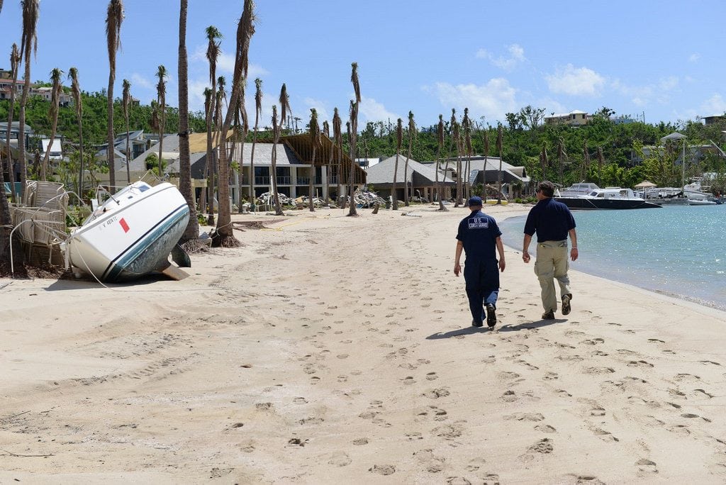 The Caribbean is rolling out a regional marketing campaign to convey which islands are open for business. Pictured are U.S. Coast Guard and Environmental Protection Agency personnel surveying the beach of Great Cruz Bay on St. John, U.S. Virgin Islands after Hurricane Irma in October, 2017. 