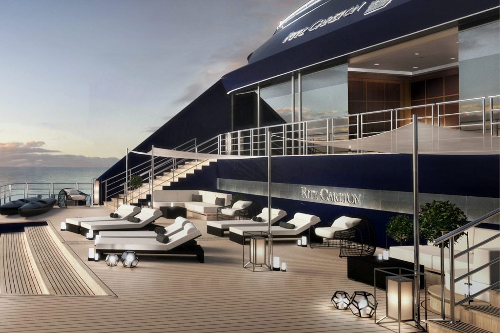 A mock-up of what the new Ritz-Carlton Yacht Collection ship is expected to look like. The brand will take delivery of its first ship in 2019.