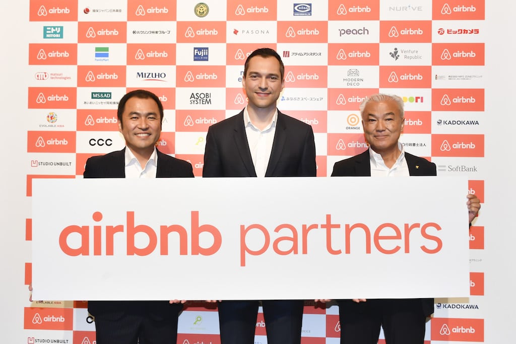 From left to right: Yasuyuki Tanabe, head of Airbnb Japan, Nathan Blecharczyk, co-founder of Airbnb, and Muneaki Masuda,   representative director president and CEO of Culture Convenience Club Co. Ltd. announce the debut of the Airbnb Partners program in Japan. 