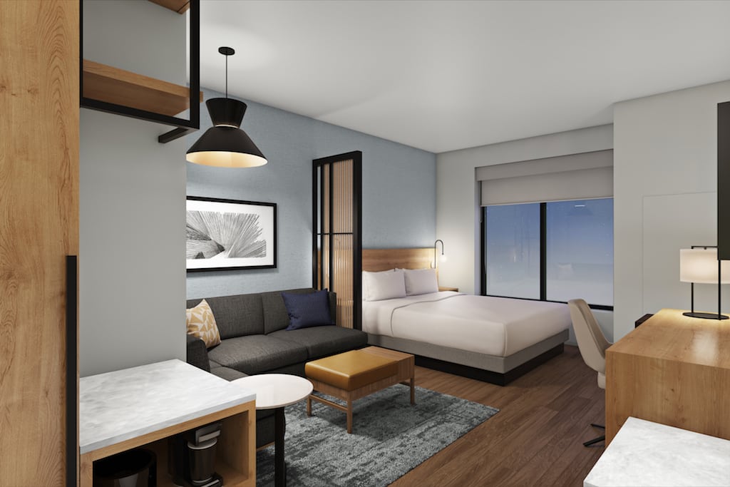 A rendering of the new guestroom design for Hyatt Place retains the brand's most beloved features while adding bigger and improved bathrooms. 