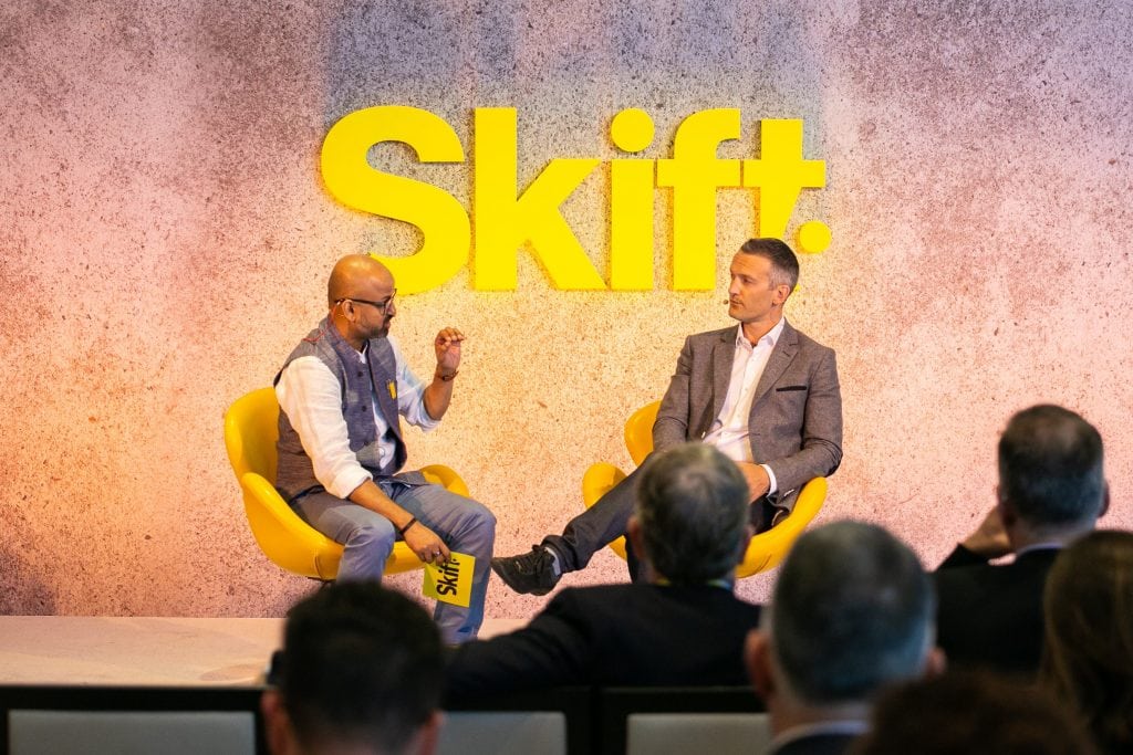 AccorHotels global brand officer Steven Taylor, right, was interviewed by Skift Founder and CEO Rafat Ali, left, at the inaugural Skift Tech Forum in Santa Clara, California, on Tuesday.