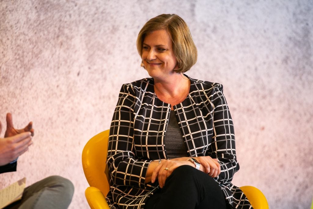 Skift Airlines Business Reporter Brian Sumers, left, and United executive vice president of technology and chief digital officer spoke at Skift Tech Forum in Santa Clara, California on June 12, 2018.