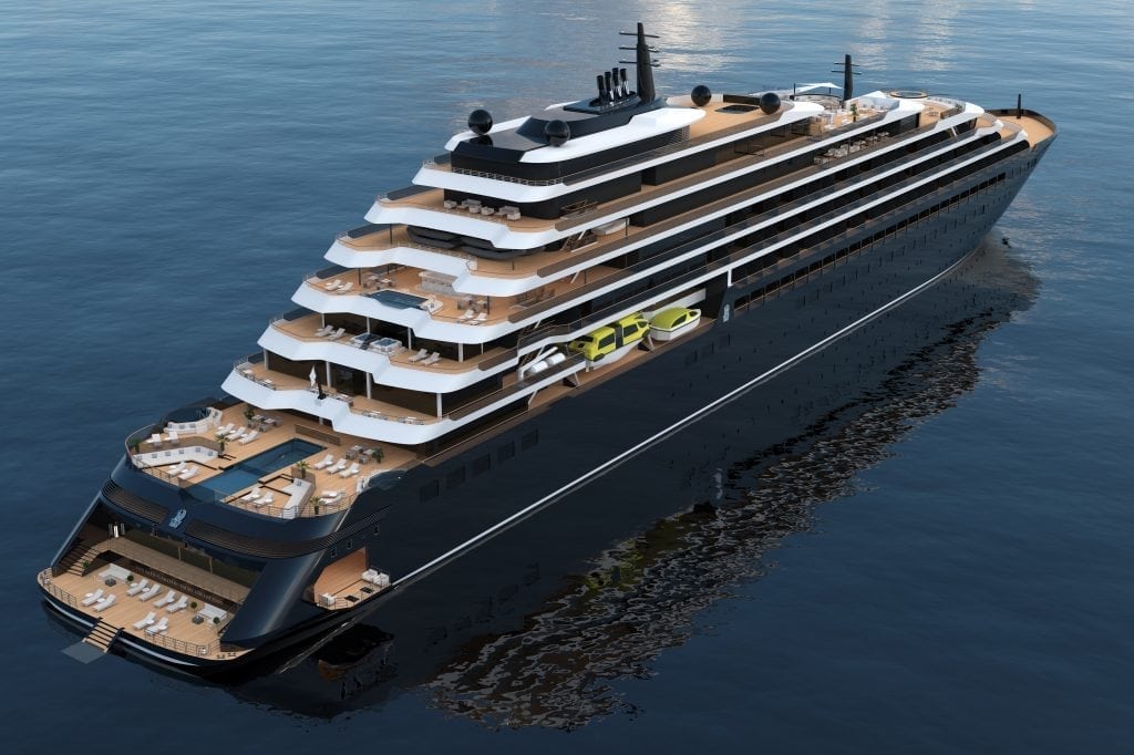 A Ritz-Carlton Yacht Collection vessel is shown in a rendering. Voyalges go on sale to the public on Monday; the first cruise is slated for early 2020.