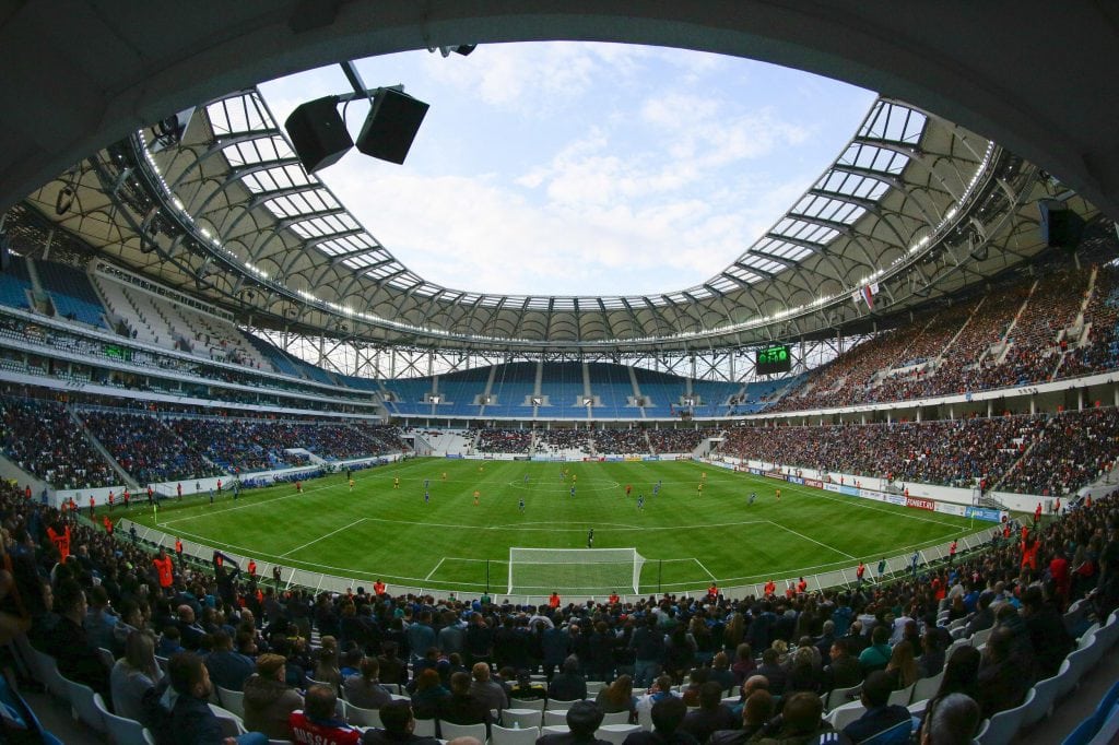               In this photo taken on Saturday, April 21, 2018, a view on the new the World Cup stadium during the Russian league soccer match between Rotor and Luch-Energiya in Volgograd, Russia . The stadium will hold group-stage games at the World Cup. (AP Photo/)
