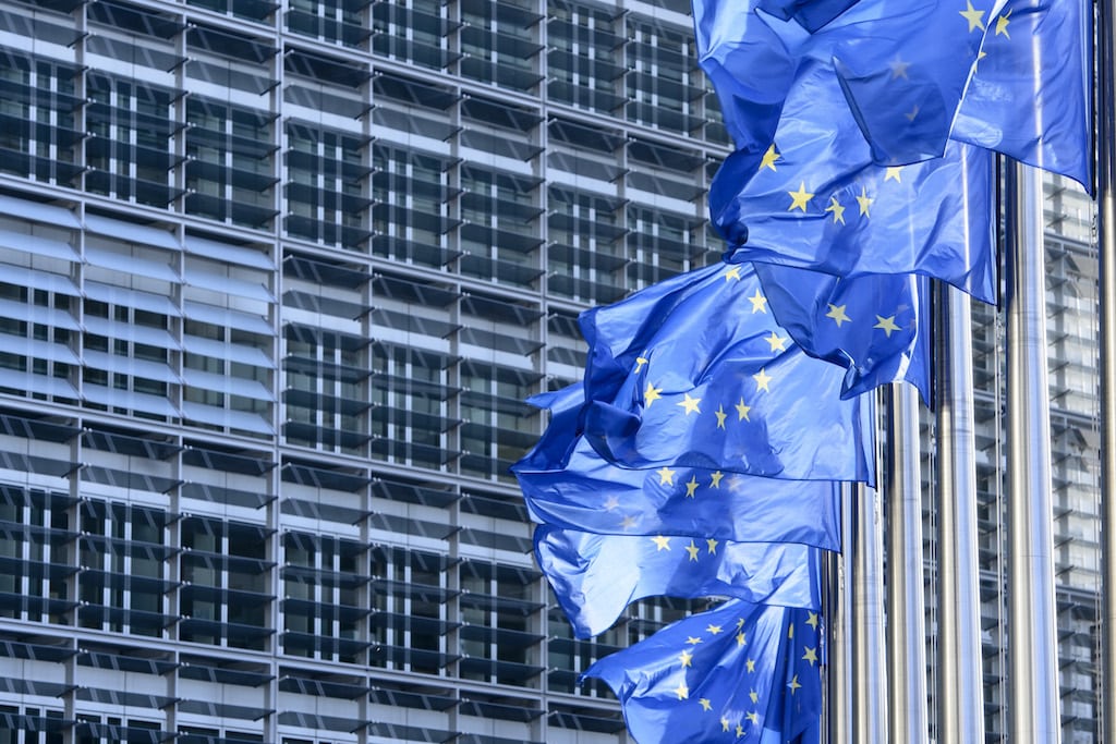 European Union flags in Brussels, Belgium.