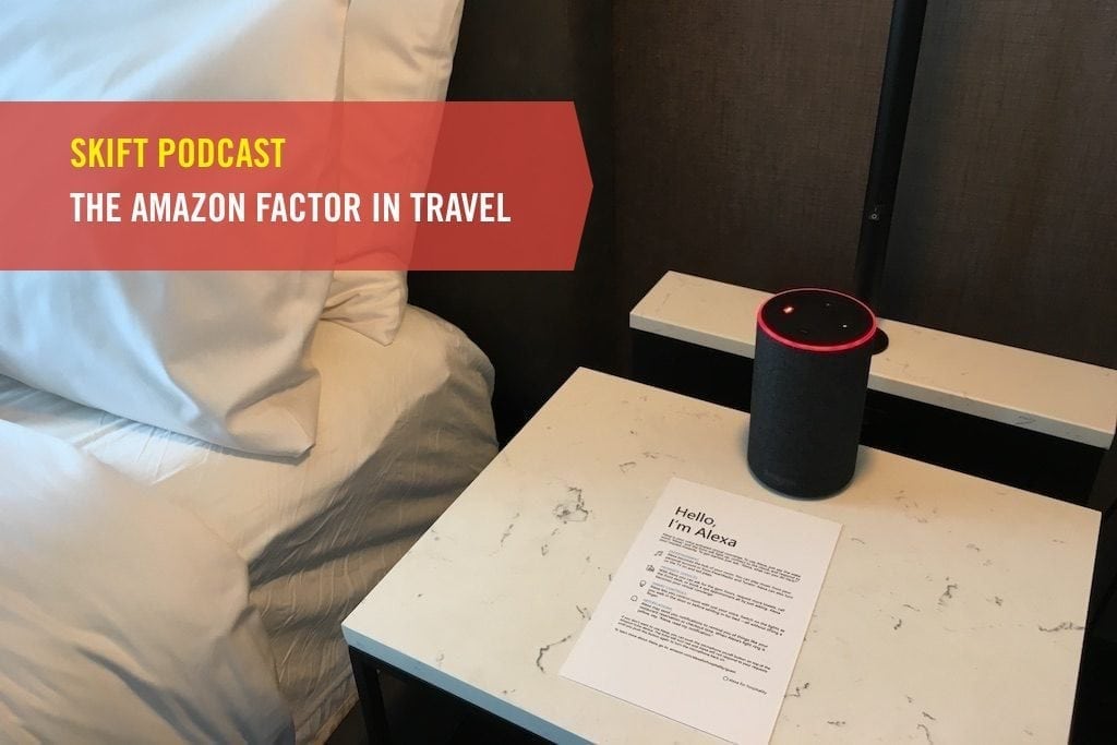 Skift experts explore the potential impact of Amazon on the travel industry. Pictured is an Amazon Echo at the Brooklyn Bridge Marriott.