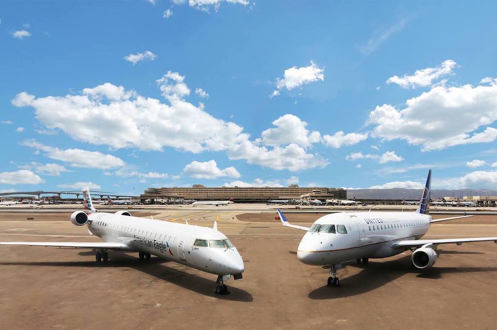 American and United regional jets side-by-side, as operated by Mesa Air Group