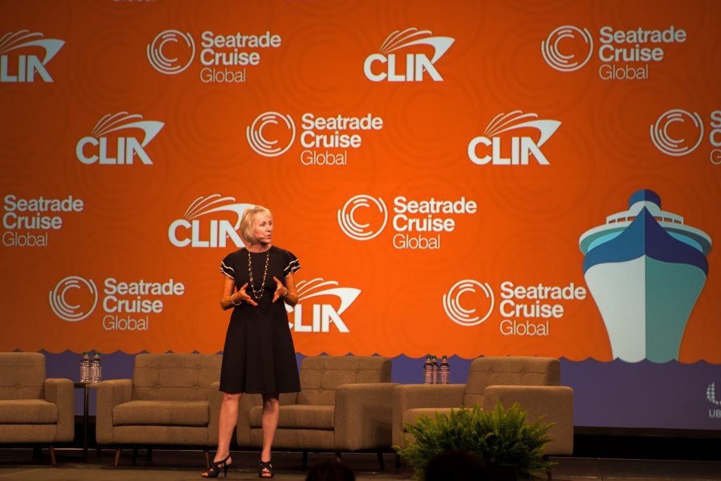 CLIA President and CEO Cindy D'Aoust speaks at Seatrade Cruise Global in March. She is stepping down at the end of the year. 