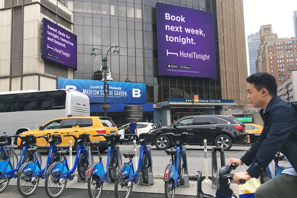 HotelTonight advertisements on the exterior of Madison Square Garden in New York City. The company is being acquired by Airbnb.