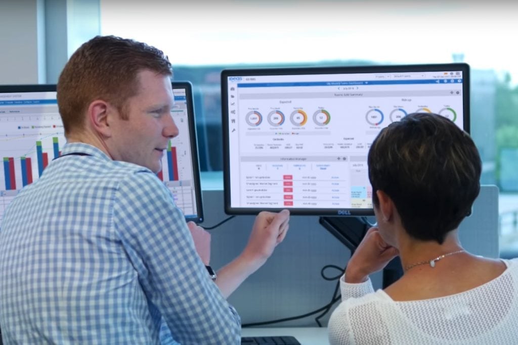 Pictured: Stephen Hambleton and Kelly Calvo, both IDeaS product managers in Minnesota, review revenue management dashboards that aim to help hoteliers manage pricing and revenue across an entire estate or individual property.