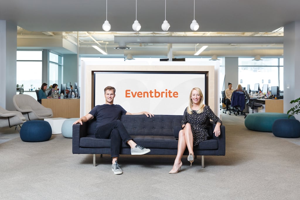 Co-founder and chairman Kevin Hartz and co-founder and CEO Julia Hartz at Eventbrite headquarters in San Francisco. The company plans to go public soon, and has experienced strong growth in recent years despite posting losses.