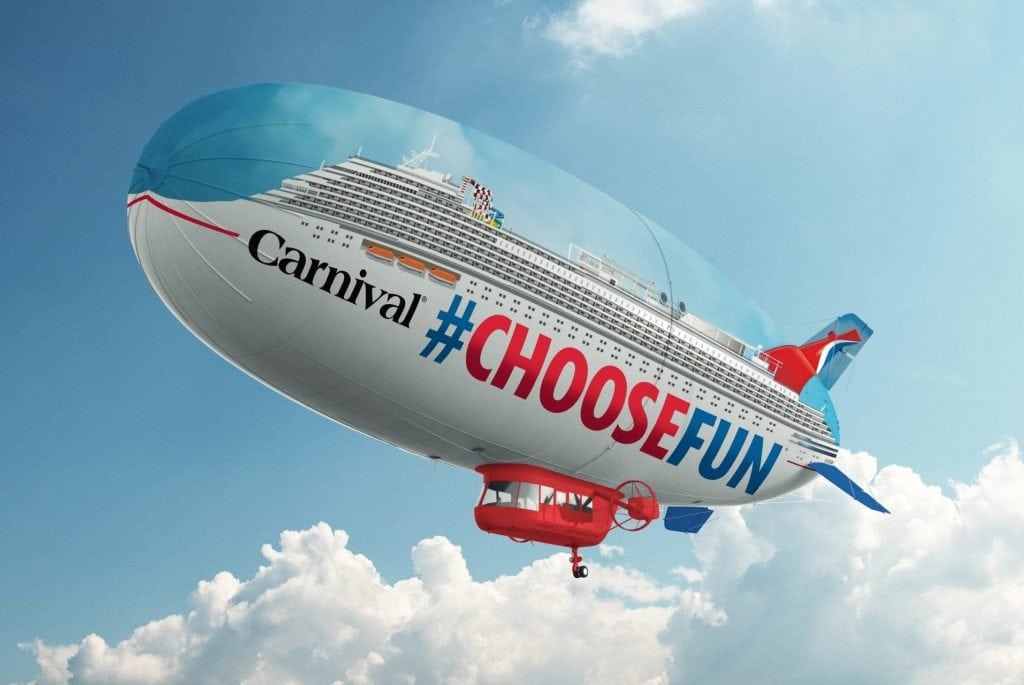 Carnival is spreading its newest capacity around to several different ports to capture a bigger piece of the market. A rendering of a blimp, part of a new marketing campaign, is pictured here. 