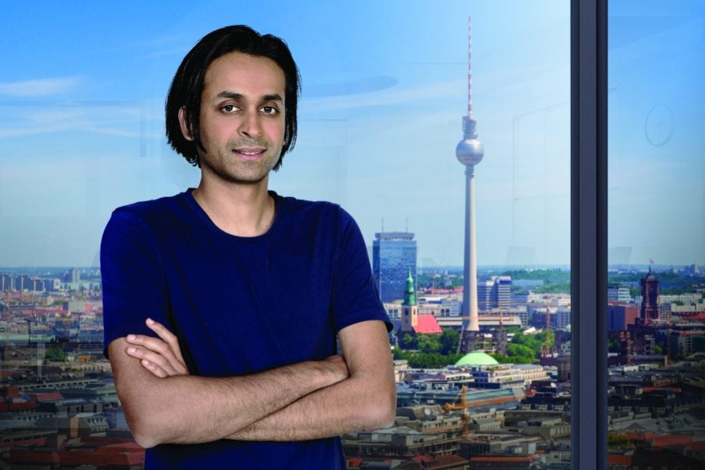 Naren Shaam, CEO, managing director, and founder, of GoEuro, shown here with a backdrop of Berlin, Germany, where his travel startup is based. The company claims rapid growth in offering multi-modal travel search.