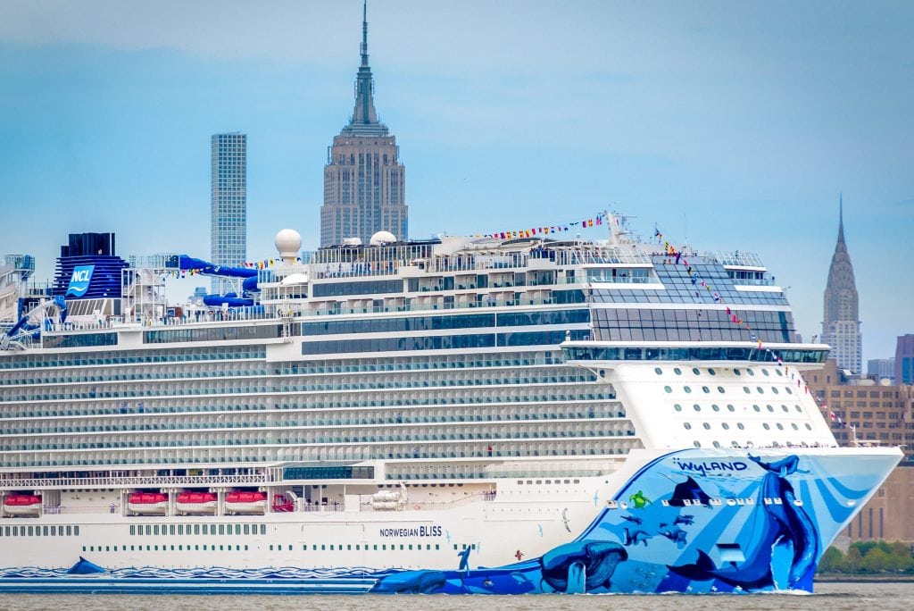 Norwegian Cruise Line released strong second-quarter earnings Thursday. Norwegian Bliss is shown in New York City in a photo from earlier this year.
