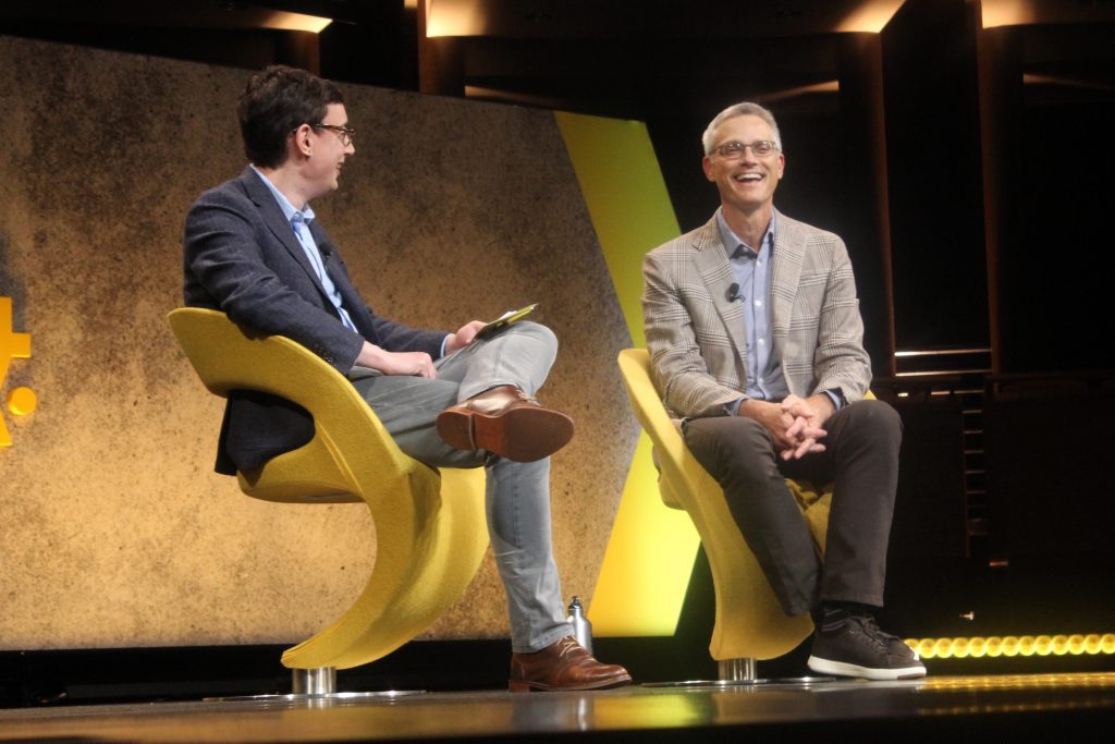 American Airlines President Robert Isom (right) on stage Skift Global Forum in New York.