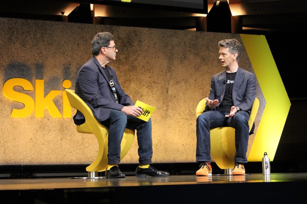 Uber COO Barney Harford, right, at Skift Global Forum 2018 in New York City.