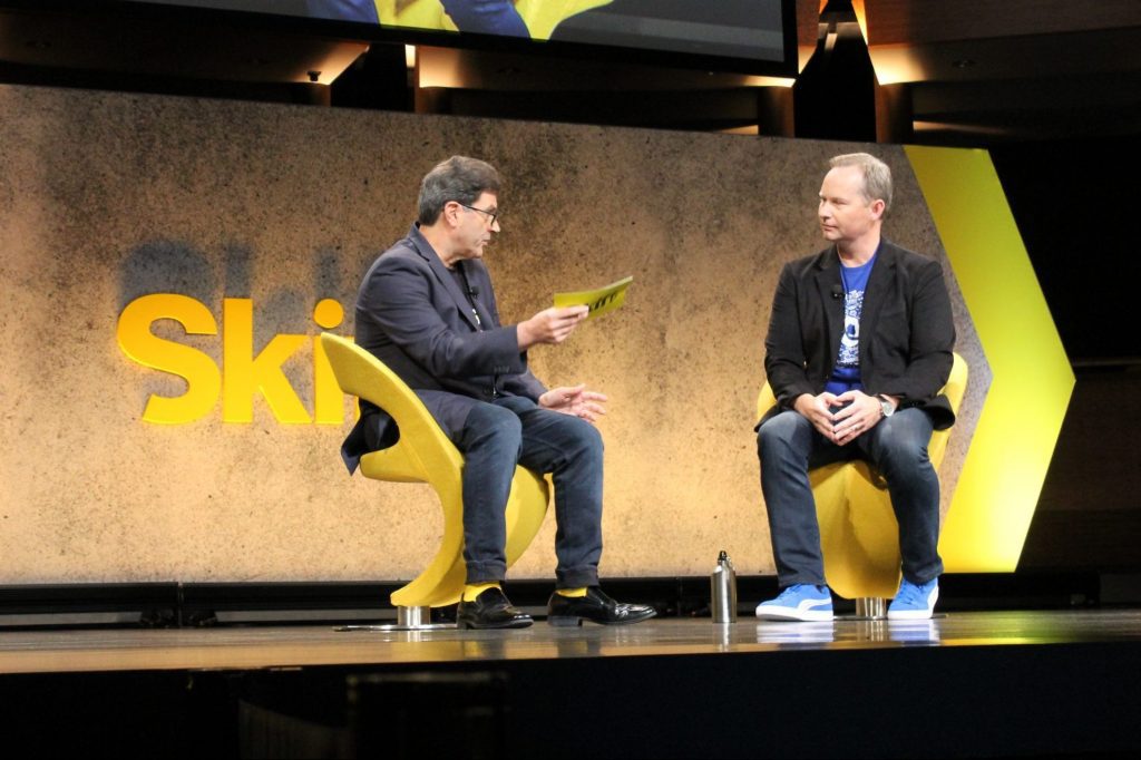 Expedia Group CEO Mark Okerstrom (right) won't rule out acquisitions. Skift Executive Editor Dennis Schaal interview Okerstrom at the Skift Global Forum September 28, 2018.