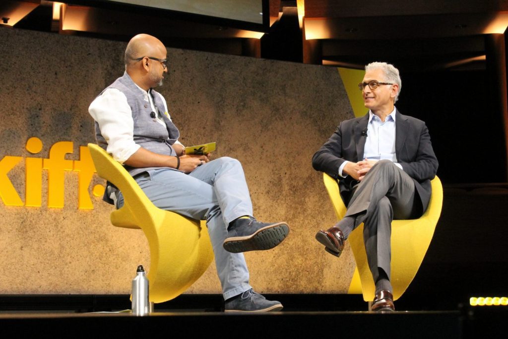 Rafat Ali, Skift CEO, left, and Hyatt Hotels President and CEO Mark Hoplamazian at Skift Global Forum 2018