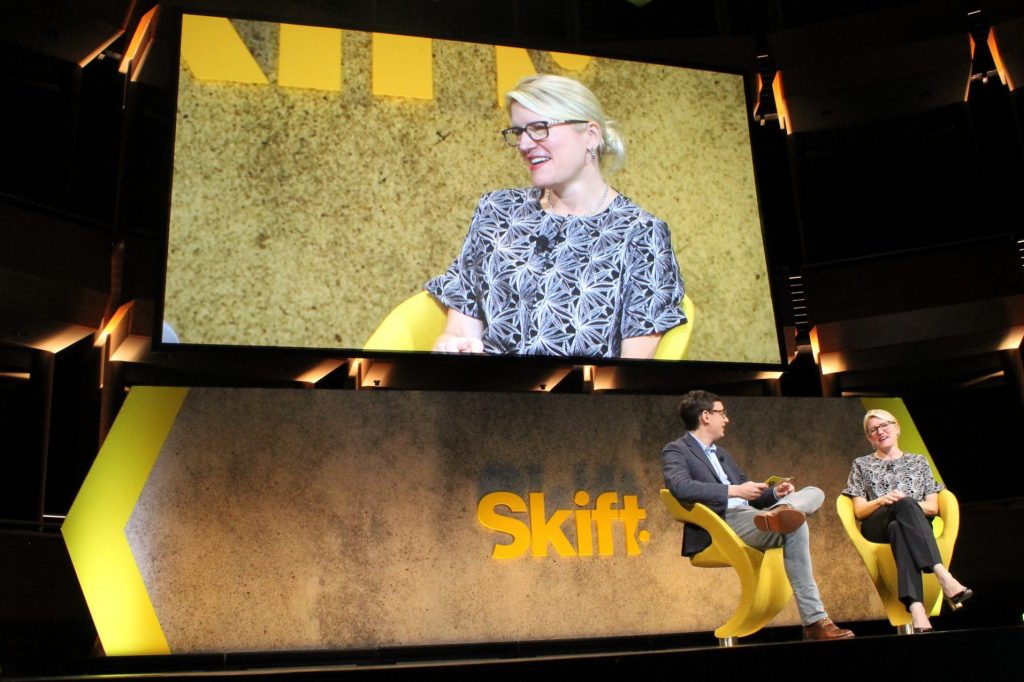 JetBlue President and COO Joanna Geraghty, right, speaks to Skift Senior Aviation Business Editor Brian Sumers at Skift Global Forum on Thursday.