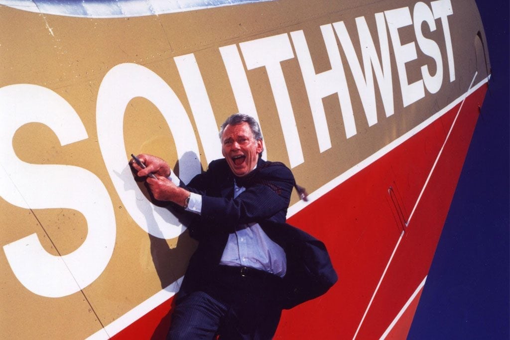 Former Southwest CEO Herb Kelleher hams it up on a jet. 